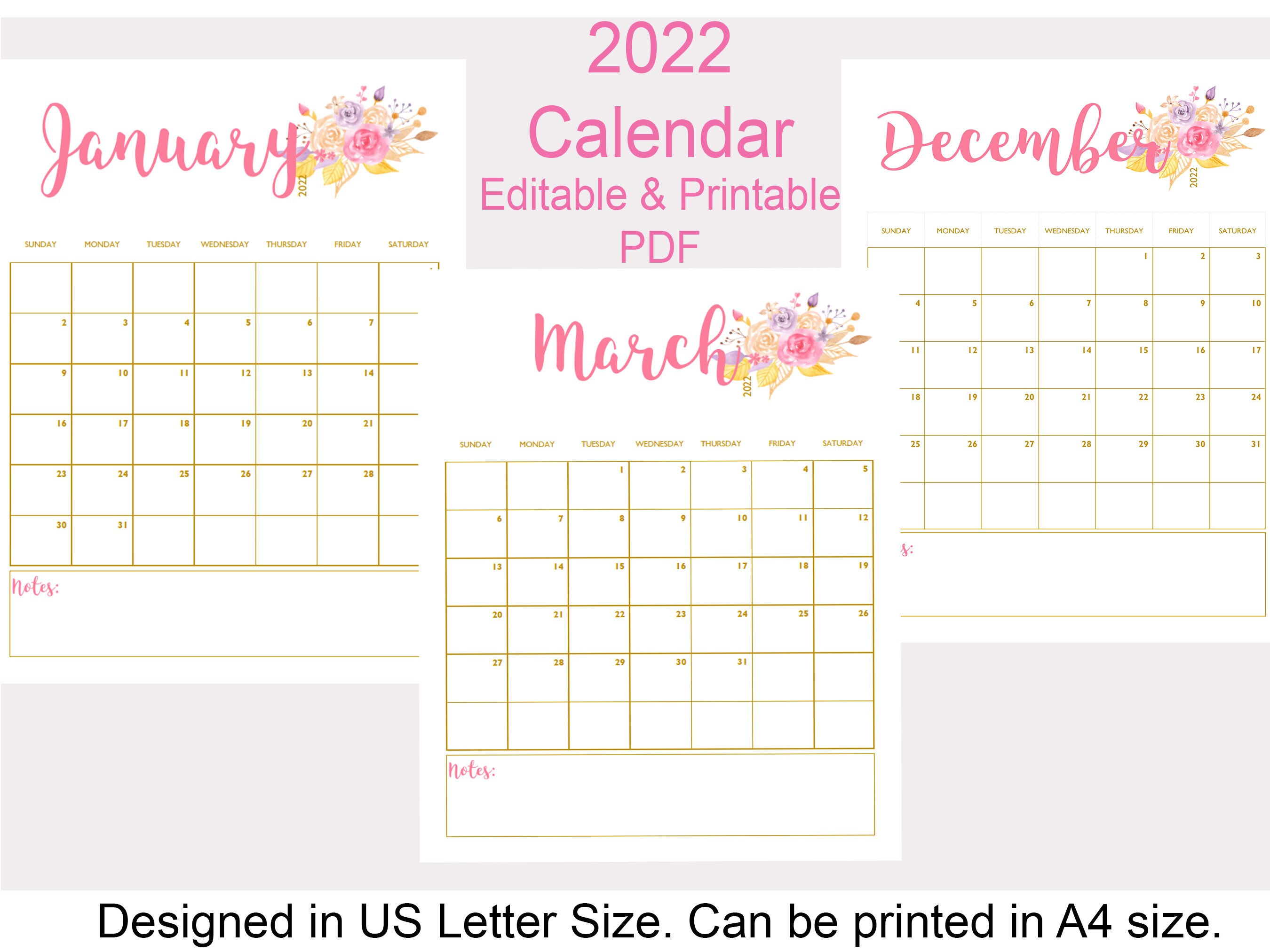 editable printable 2022 calendar calendar 2022 editable etsy