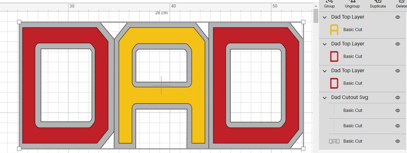 May include: A digital design for a "DAD" sign with red, yellow, and gray letters. The letters are outlined in gray and have a solid fill of red and yellow.