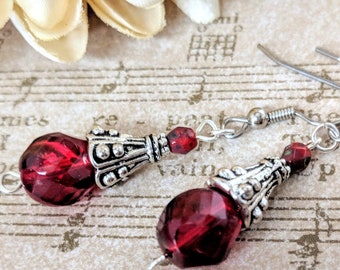 Sterling Silver Red Earrings Dangle, Clip On Earrings, Dark Academia Earrings, Crystal Drop Earrings Gothic Gift for Her, Victorian Earrings