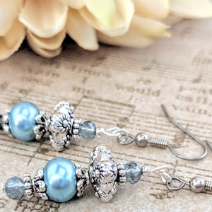 Something Blue Pearl Drop Earrings Bridal Jewelry Sterling Silver, Bridesmaids Gift for Her Handmade Earrings Clip On, Boho Wedding Jewelry