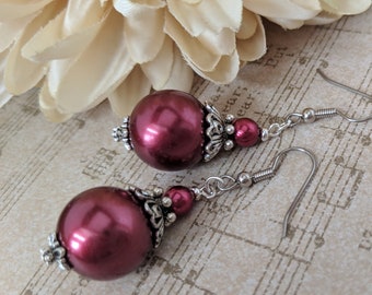 Sterling Silver Red Pearl Earrings, Merlot Bridesmaids Jewelry, Pearl Clip On Earrings Dangle, Nonallergenic Wedding Jewelry for Daughter