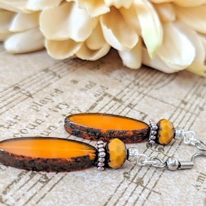 Sterling Silver Czech Glass Earrings Vintage, Orange Earrings Dangle, Bohemian Earrings for Women, Rustic Earrings, Ethnic Earrings Silver