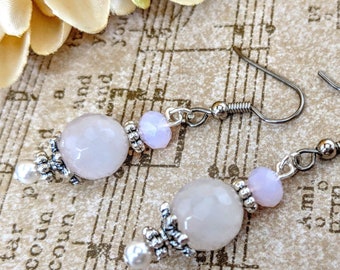 Sterling Silver Rose Quartz Earrings, Spring Wedding Jewelry for Bridesmaids Gift for Her, Pewter Earrings Dangle, Nonpierced Earrings Gift