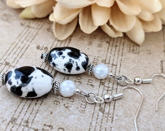 Sterling Silver Black and White Earrings, Ceramic Earrings Handmade Jewelry, Mothers Day Gift for Mom, Whimsigoth Gift for Daughter, Artisan