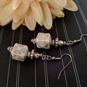 Sterling Silver Porcelain Earrings Dangle, Hypoallergenic Jewelry Unique, Ceramic Earrings, Leopard Print Earrings, Boho Chic Drop Earrings