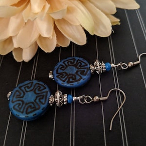 Sterling Silver Vintage Wood Earrings, Boho Chic Earrings Dangle, Naturecore, Dark Blue Earrings Handmade, Eco Friendly Clip On Earrings