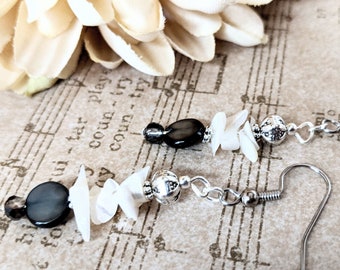 Gray Earrings Boho Handmade Dangle Jewelry, Birthday Gift for Her, Nickel Free Earrings Leverback Mother of Pearl, Sustainable Jewelry Shell