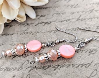 Sterling Silver Mother of Pearl Jewelry, Bohemian Earrings Organic, Clip On Dangle Earrings Nickel Free, Salmon Pink Earrings Pearl Jewelry