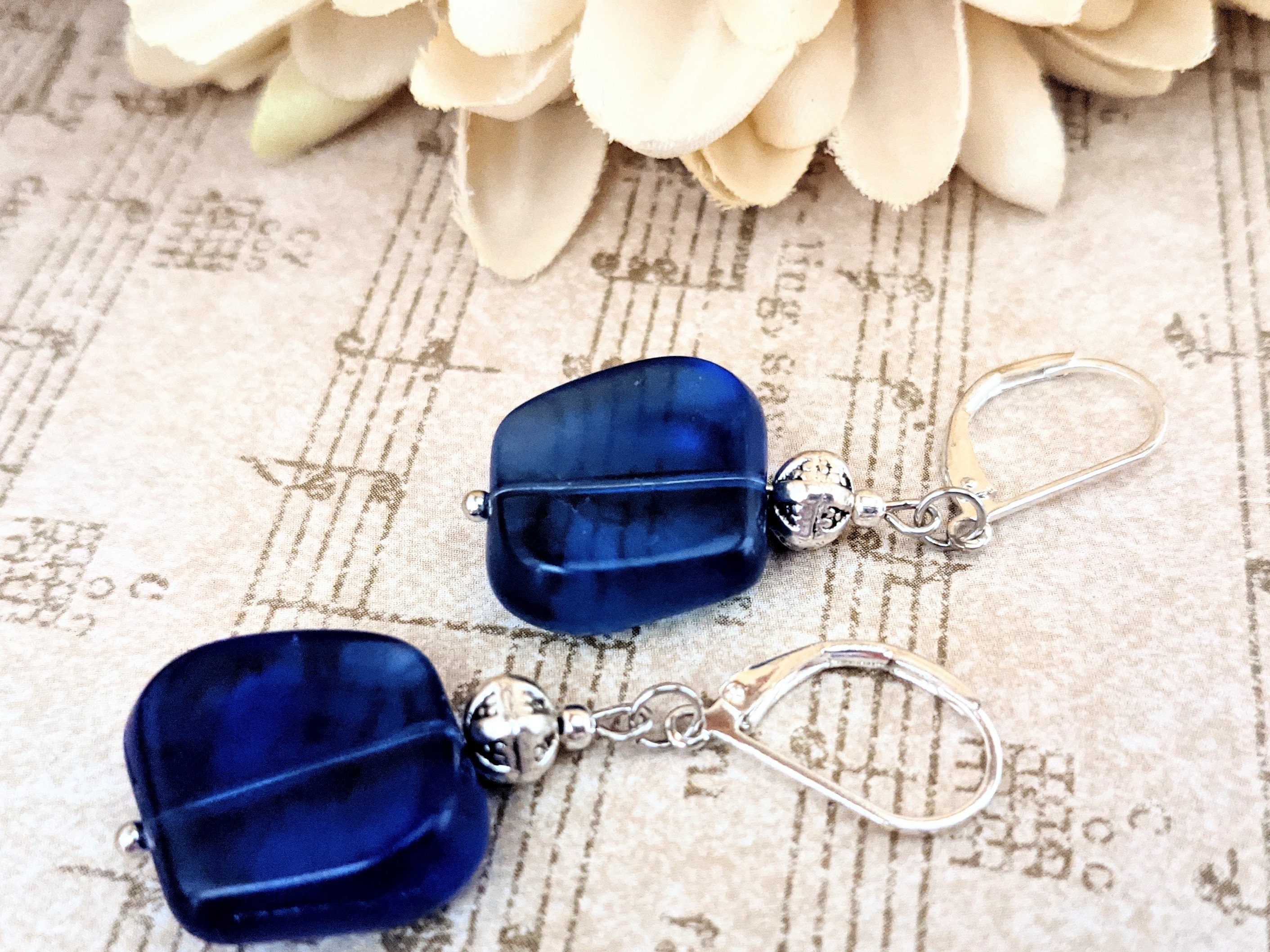 Sterling Silver Sea Glass Earrings, Hypoallergenic Earrings Dangle, Navy Blue Earrings, Artisan Earrings, September Birthday Gift for Her