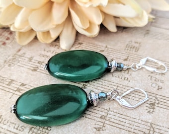 Sterling Silver Emerald Earrings Dangle, Dark Green Earrings Large, Czech Glass Earrings Vintage, Statement Earrings Wedding Guest, Handmade