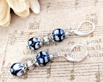 Sterling Silver Porcelain Earrings, Boho Earrings Dangle, Delft Blue Earrings, Dutch Jewelry Gift for Her, Ceramic Earrings Cottagecore Gift
