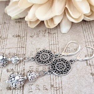 Sterling Silver Boho Earrings, Hypoallergenic Earrings Dangle Bohemian Earrings for Women, Ethnic Earrings 925 Long Drop Earrings Filigree