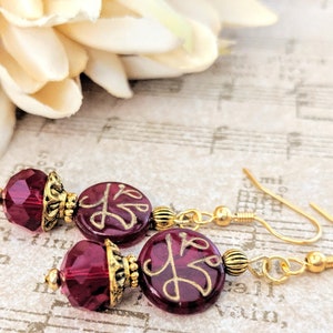 Dark Red Earrings Gold, Boho Earrings Dangle, Hypoallergenic, Whimsigoth Gift for Sister, Gothic Vintage Czech Glass Jewelry, Christmas Gift