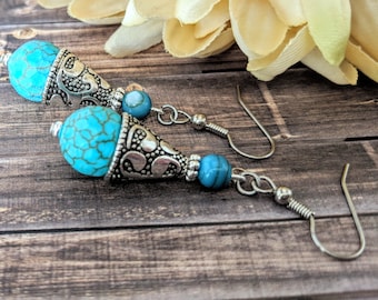 Orecchini pendenti in argento sterling con turchese, regalo di Natale per sorelle, gioielli del sud-ovest, orecchini chakra, regali pagani per lei, metafisici