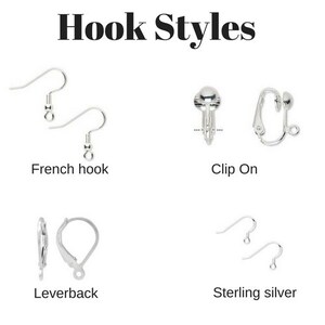 May include: A visual guide to different earring hook styles, including French hook, clip on, leverback, and sterling silver.