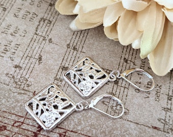 Sterling Silver Boho Chic Earrings Dangle, Cottagecore Gift for BFF, Flower Earrings, Plant Mom Gift for Sister, Hypoallergenic, Filigree