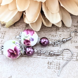 Sterling Silver Floral Earrings Dangle, Cottagecore Gifts for Her, Purple Earrings Pearl Silver, Ceramic Earrings Flower Earrings, Bloomcore