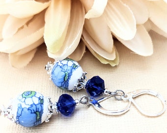 Sterling Silver Ceramic Earrings, Delft Blue Jewelry Dangle, Travel Gift for Her, Leverback Earrings for Women, Dutch Earrings Handmade GIft