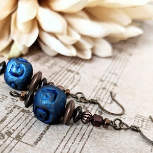 Dark Academia Jewelry Navy Blue Earrings Dangle, Cobalt Blue Earrings Clip Ons, Bronze Jewelry, Whimsigothic, Celestial Jewelry Gift for Her