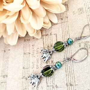 Sterling Silver Elephant Earrings, Emerald Green Earrings Dangle, White Elephant Gifts for Mom, Stocking Stuffers for Her, Cute Earrings