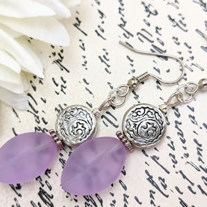 Sterling Silver Lavender Earrings, Beach Glass Jewelry Gift for Mom, Seaglass Earrings Dangle, Handmade Jewelry Gift for Wife, Light Purple