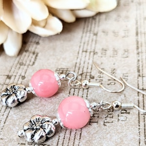 Sterling Silver Pink Flower Earrings Dangle, Sakura Cherry Blossom Jewelry Gift for Her, Floral Earrings Gift for Mom, Mothers Day Gift Wife