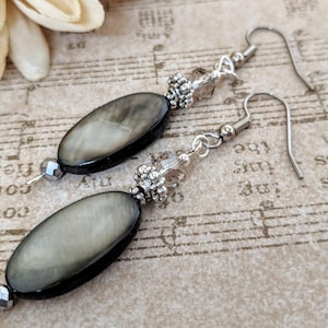 Sterling Silver Mother of Pearl Earrings, Hypoallergenic, Nonpierced Earrings, Charcoal Gray Earrings, Ecofriendly Earrings Handmade Jewelry