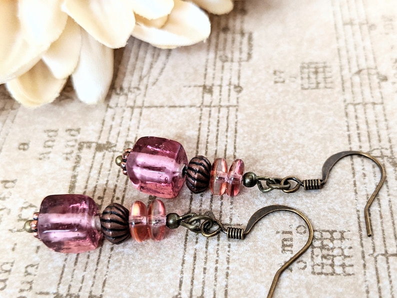 Cranberry Earrings Vintage Glass Retro Leverback Yoga Gifts for Her Dark Pink Dangle Earrings Gift for Sister Heart Chakra Jewelry Women