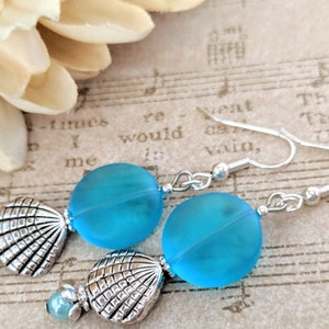 Sterling Silver Sea Glass Earrings Dangle, Seashell Earrings, Aqua Blue Earrings, Sustainable Jewelry Organic, Chunky Earrings for Sister