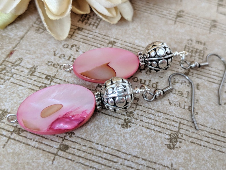 Pink Earrings Natural Jewelry Pewter Mom Birthday Gift from Daughter Boho Dangle Earrings Handmade Mother of Pearl Jewelry Fuschia