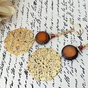 Rustic Orange Earrings Dangle, Burnt Orange Jewelry Gold Leverback Earrings, Nickel Free Jewelry for Her, Fall Earrings Autumn Gifts for Mom