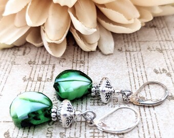 Sterling Silver Green Earrings Dangle, Hypoallergenic, Cute Earrings for Her, Czech Glass Earrings Leverback, Birthday Gifts for Girlfriend