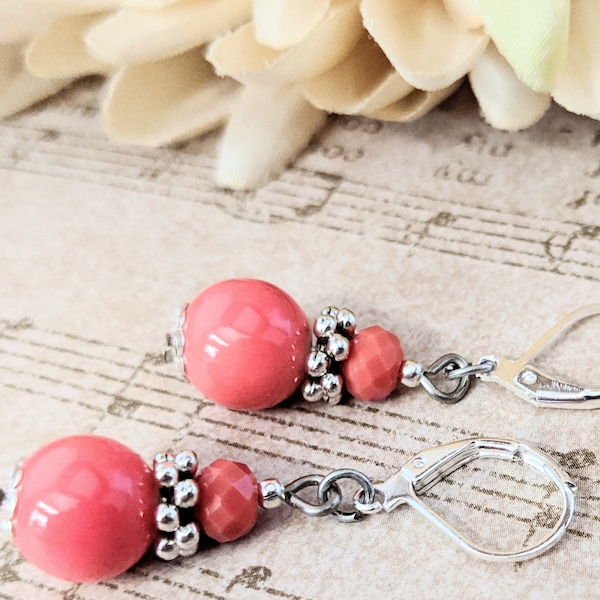 Sterling Silver Coral Earrings Dangle, Lever Back Earrings Hypoallergenic, Pink Coral Jewelry Spring Wedding Earrings for Bridesmaids Gifts