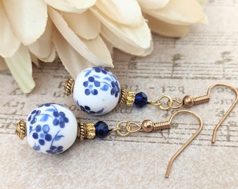 Delft Blue Earrings Dangle, Sterling Silver Chinoiserie Earrings, Women Birthday Gift for Wife, Sensitive Earrings, Dutch Jewelry Artisan