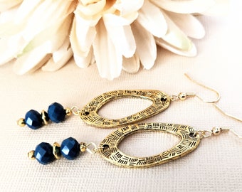 Navy Blue and Gold Boho Earrings, Birthday Gift for Girlfriend, Dark Blue Earrings, Bohemian Earrings Dangle, Artisan Earrings Unique Gifts