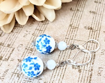 Sterling Silver Delft Earrings, Grand Millenial Gift for Her, Ceramic Earrings Handmade, Royal Blue Flower Earrings, Porcelain Gifts for Mom