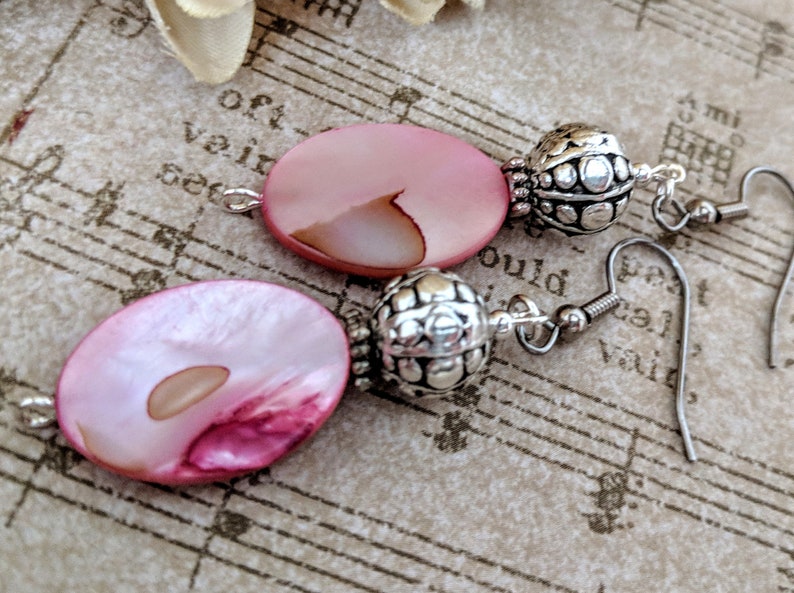 Pink Earrings Natural Jewelry Pewter Mom Birthday Gift from Daughter Boho Dangle Earrings Handmade Mother of Pearl Jewelry Fuschia
