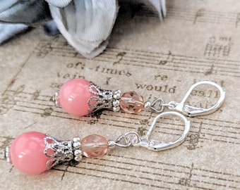 Sterling Silver Blush Pink Earrings Dangle, Czech Glass Jewelry, Hypoallergenic, Leverback Earrings, Wedding Jewelry for Bridesmaids Gifts