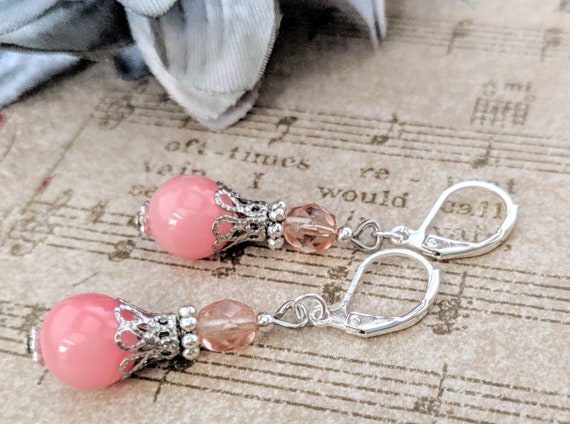 Pink Czech Glass Sterling Silver Dangle Earrings Pink Czech Glass Sterling Silver Dangle Earrings