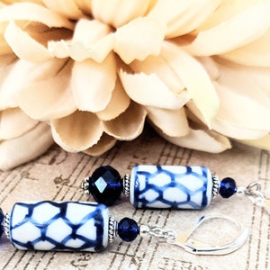 Delft Blue Earrings, Birthday Gift for Her, Dutch Earrings Handmade Jewelry, Bohemian Earrings for Women, Sterling Silver Honeycomb Jewelry