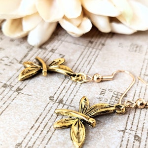 Dragonfly Earrings Gold, Insect Earrings Dangly, Nature Lovers Gift Mom, Nickel Free Earrings for Sensitive Ears, Dragonfly Gifts for Women