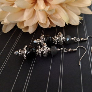 Sterling Silver Black Earrings Dangle, Gray Boho Chic Earrings Clip On Bohemian, Whimsigoth Jewelry Gift for Her, Pewter Earrings Charcoal