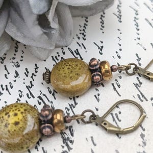 Mustard Gold Ceramic Earrings, Rustic Fall Dangle Earrings, Glazed Yellow Beaded Jewelry, Bohemian Earrings for Women, Dark Yellow Jewelry