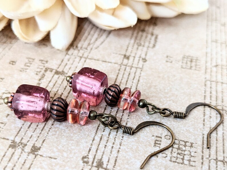 Cranberry Earrings Vintage Glass Retro Leverback Yoga Gifts for Her Dark Pink Dangle Earrings Gift for Sister Heart Chakra Jewelry Women