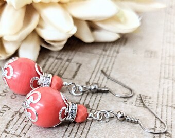 Sterling Silver Coral Earrings, Spring Wedding Jewelry for Bridesmaids Gift, Pink Jade Earrings Dangle, Chakra Gifts, Metaphysical Jewelry