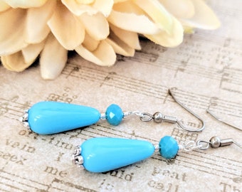 Sterling Silver Turquoise Earrings Dangle, Teardrop Earrings, Czech Glass Earrings, Handmade Jewelry, Ocean Blue Earrings Gift for Daughter