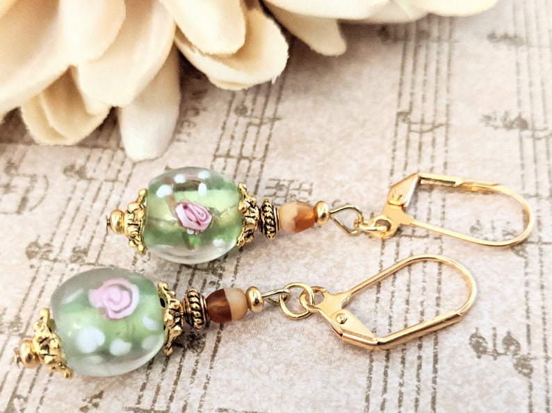 Mint Green Earrings Gold, Leverback Earrings Best Selling Jewelry, Hematite Earrings Dangle, Root Chakra Gift for Her, Cottagecore Gifts for image 4