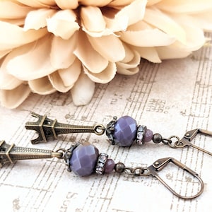 Purple Earrings Leverback, Eiffel Tower Jewelry Paris Earrings, Francophile Gift for Her, French Teacher Gift for Women, Paris Earrings Drop
