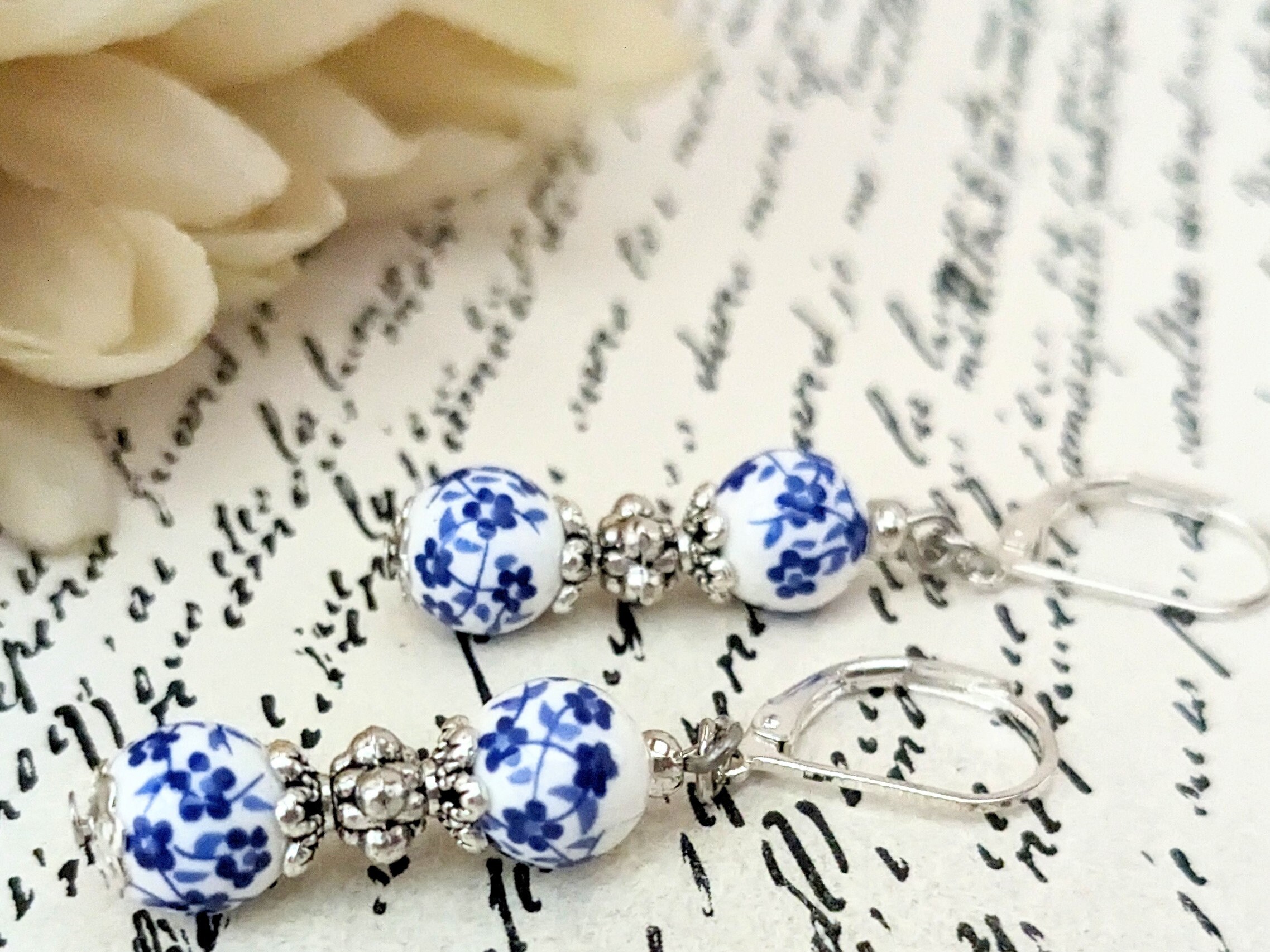 Delft Blue Earrings Sterling Silver, Cottage Blue Earrings Dangle, Cottagecore Gift for Wife, Ceramic Beaded Earrings, Floral Earrings, Navy