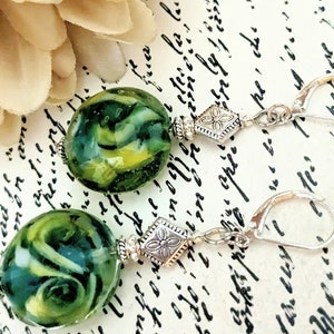 Sterling Silver Green Earrings Dangle, Lampwork Glass Earrings, Leverback Earrings for Her, Nonallergenic, Handmade Earrings Best Selling